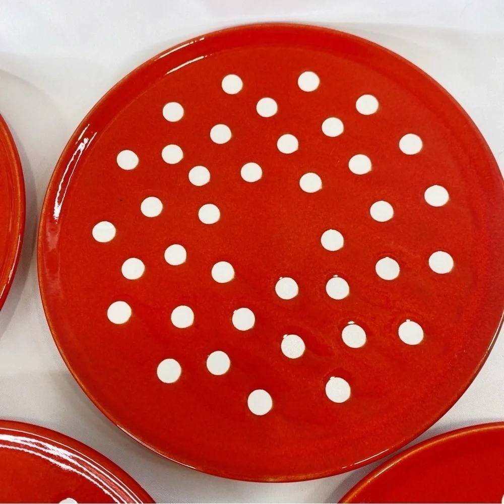 4 Waechtersbach 7 5/8” Salad Plates Vintage W Germany Polka Dots Red White HTF